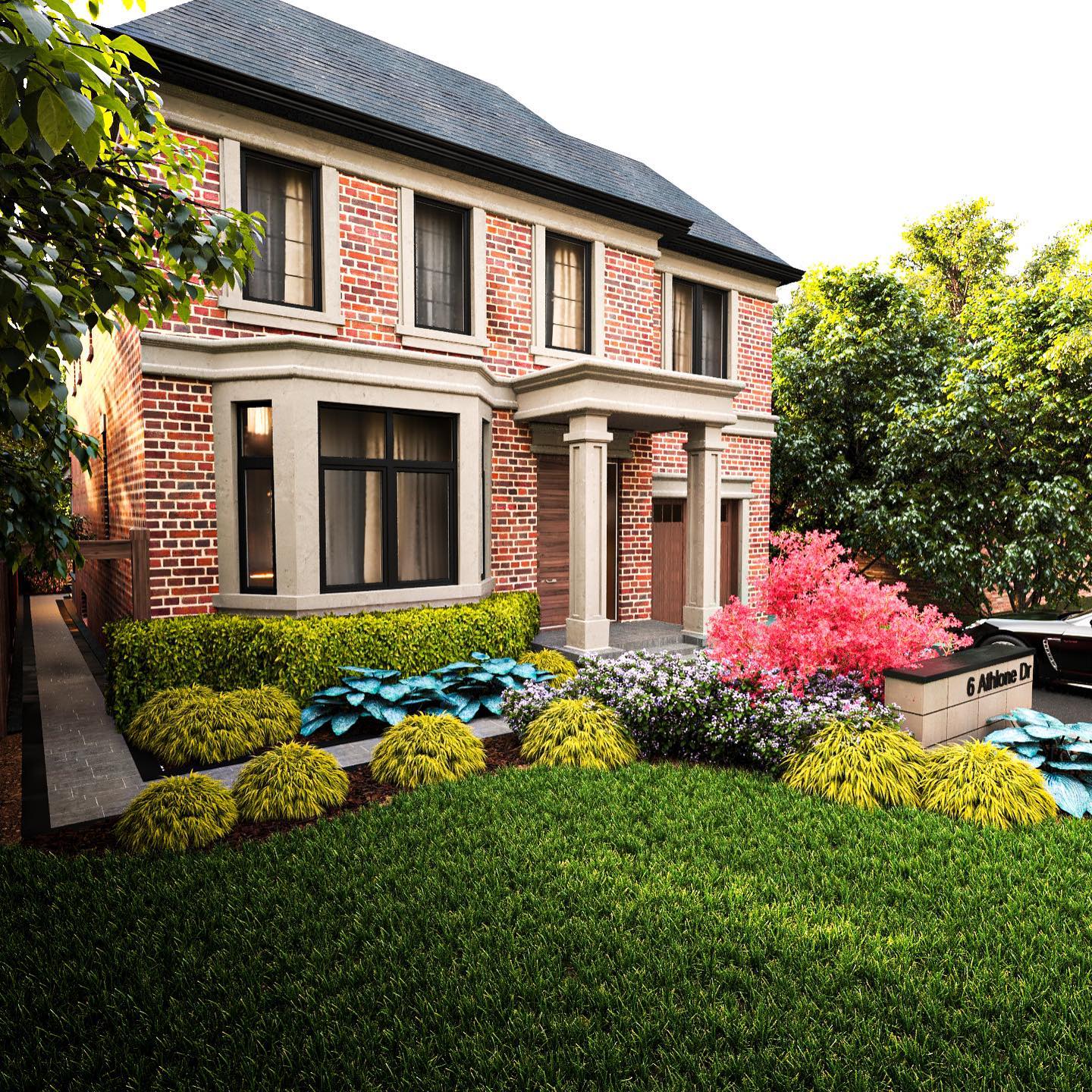 Two-story brick house with landscaped front yard, colorful foliage, and neatly trimmed grass. A nameplate reads "6 Alpine Dr" near the entrance.