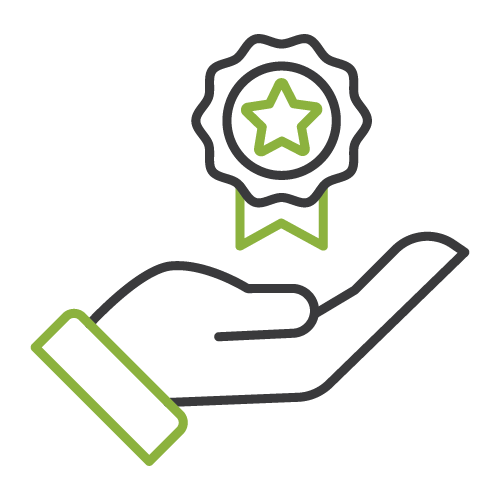 A hand icon with an outline design holds a ribbon featuring a star, set against a black background. Simple and symbolic representation.