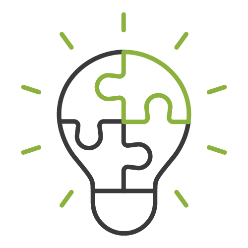 A lightbulb illustration combined with puzzle pieces on a black background, representing innovation and problem-solving, with green and gray color accents.