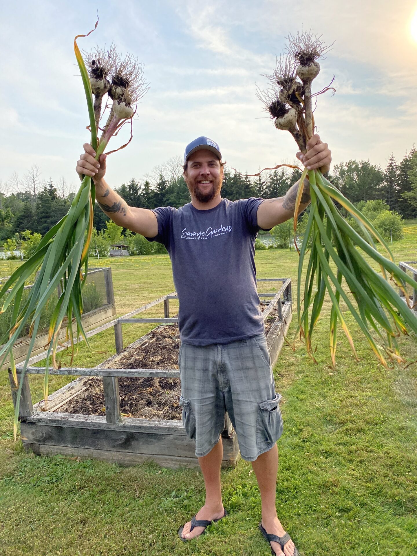 A person in a garden holds large harvested plants, smiling. Raised garden beds and greenery in the background under a partly cloudy sky.