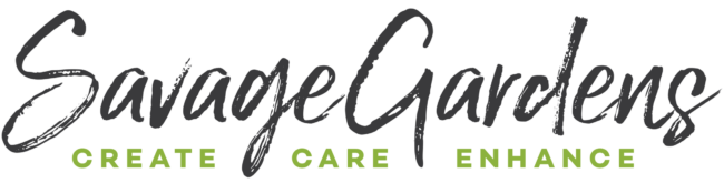 The image shows the Savage Gardens logo with the words "Create Care Enhance" in green, set against a black background.