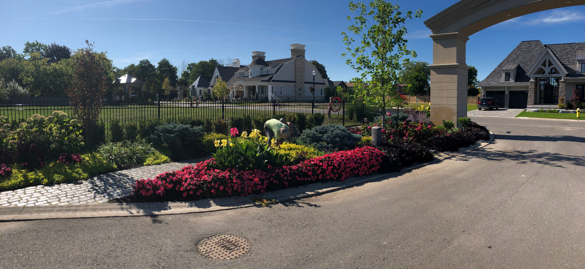 A person tends to a garden near a cobblestone path and elegant houses under a blue sky, framed by a large archway.