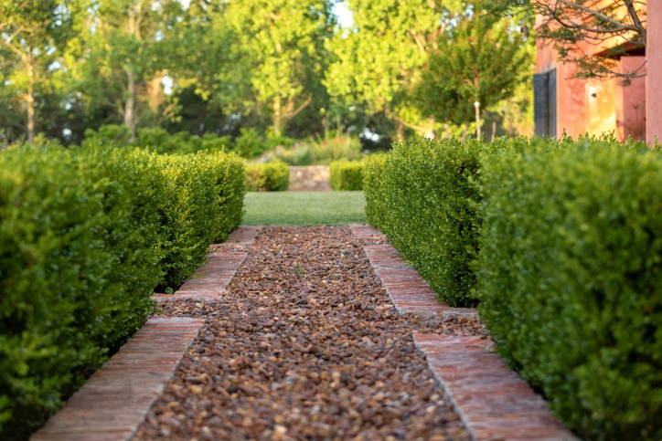 A gravel pathway bordered by neatly trimmed hedges leads to a grassy area, surrounded by lush trees and a reddish brick building.